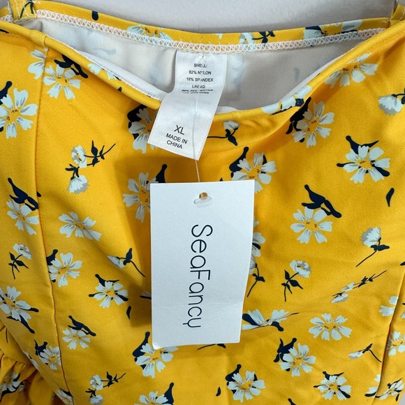 SeaFancy Tankini Swim Top XL Yellow Floral Peplum Cottagecore Coquette Bikini - Picture 2 of 7